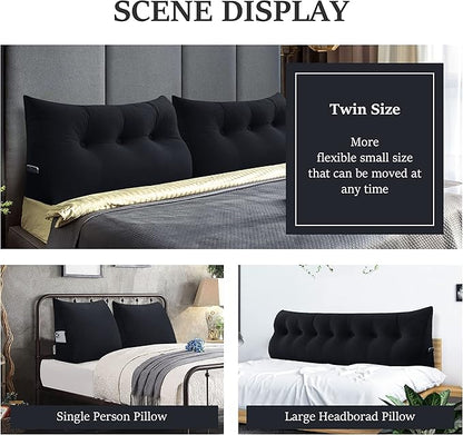 Johnear Wedge Headboard Large Bolster Pillow Reading Pillows for Sitting in Bed Adult， Velvet Triangular Cushion Backrest Lumbar Back Support Upholstered Daybed Sit Up Book Pillows（Black, King）