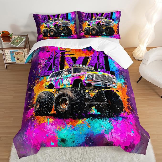 Cool Monster Truck Comforter Set Full Size,Colorful Graffiti Tie-Dye Pattern Racing Sport Bedding for Kids Boys Teens Room Decor,Cartoon Cars Themed Bedding Sets with 2 Pillowcases.