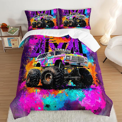 Cool Monster Truck Comforter Set Twin Size,Colorful Graffiti Tie-Dye Pattern Racing Sport Bedding for Kids Boys Teens Room Decor,Cartoon Cars Themed Bedding Sets with 2 Pillowcases.
