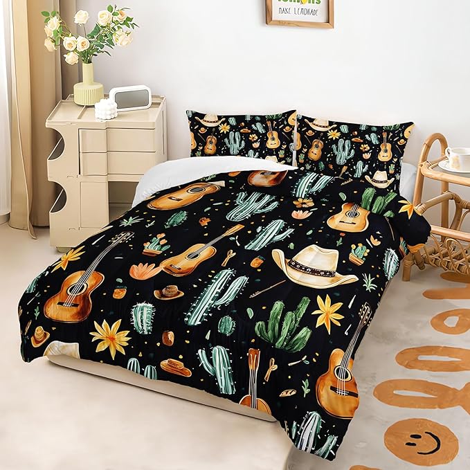Western Cowboy Hats Musical Guitar Comforter 3Pcs Twin Wild Cactus Flowers Bedding Set for Kid Teen Girl Boy Adult Nature Botanical Floral Quilt Bed Decor with 1 Comforter and 2 Pillowcases