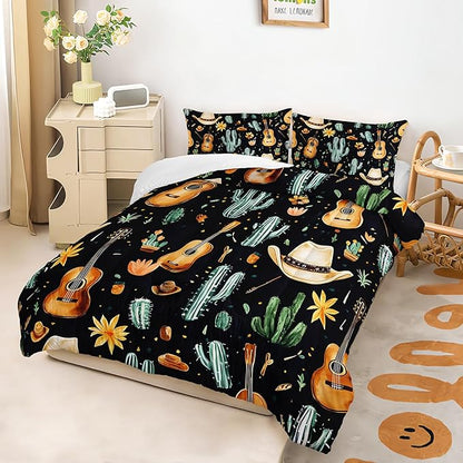 Western Cowboy Hats Musical Guitar Comforter 3Pcs Twin Wild Cactus Flowers Bedding Set for Kid Teen Girl Boy Adult Nature Botanical Floral Quilt Bed Decor with 1 Comforter and 2 Pillowcases