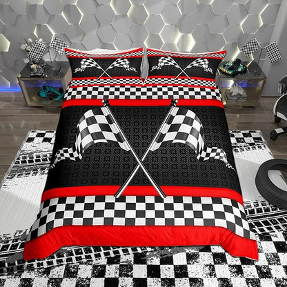 Castle Fairy Race Car Themed Bedding Set King Size Woman Men,Black White Checkered Flag Print Comforter Cover w/ 2 Pillowcases,Red Stripes Geometric Grid Plaid Duvet Cover Set Microfiber Quilt Cover