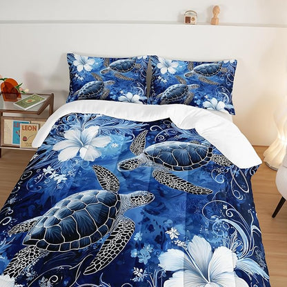 HOSIMA Sea Turtle Full Comforter,Sea Turtles Surrounded by Flowers Print Coastal Bedding for Kids Girls Boys Room Decor,Stems Leaves Pattern Lightweight Ocean Themed Bedding with 2 Pillowcases.