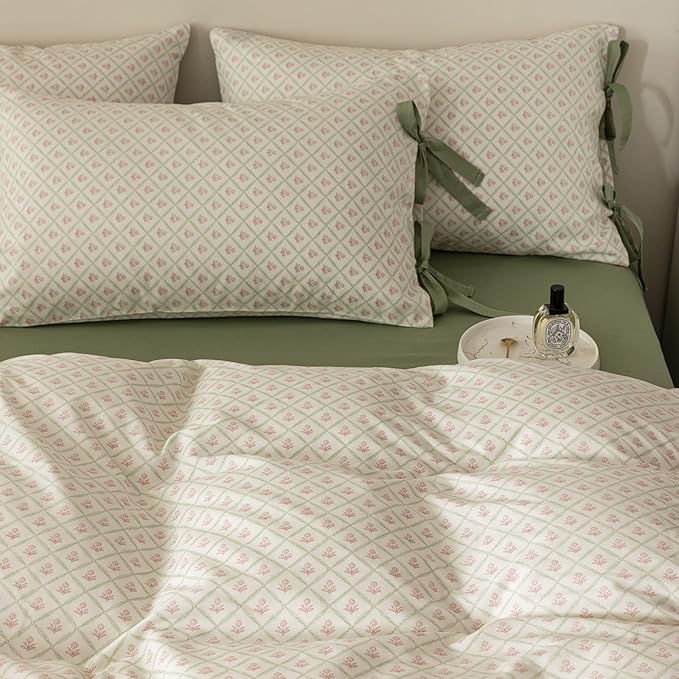 AOJIM Exquisite Pink Printed Duvet Cover Queen Size with Plaid Design, Pure Cotton Kids Adults Comforter Cover Set 3pcs for Room Decor, 1 Soft Quilt Cover and 2 Pillowcases with Bow Ties, No Comforter