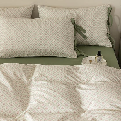 AOJIM Exquisite Pink Printed Duvet Cover Queen Size with Plaid Design, Pure Cotton Kids Adults Comforter Cover Set 3pcs for Room Decor, 1 Soft Quilt Cover and 2 Pillowcases with Bow Ties, No Comforter