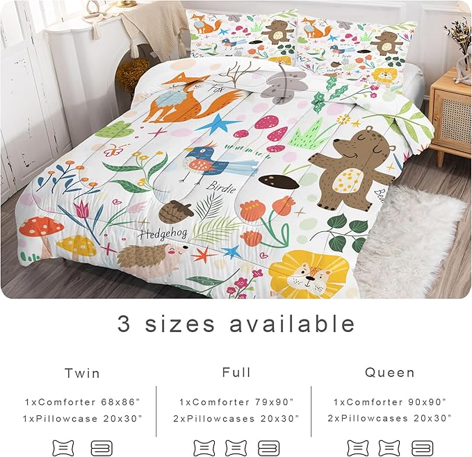 Animal Comforter Set Twin: Forest Animals Kids Bedding Set Cute Safari Woodland Quilt Jungle Cartoon Fox Bear Lion Flowers Bed Sets for Girls Boys Children Teens Toddler