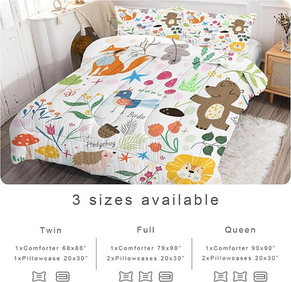 Comforter Set Cartoon Animals: Queen Size Cute Bedding Set for Kids Teen Girls Toddler Boys Kawaii Fox Bear Lion Flowers Soft Quilt Duvet Bed Sets 1 Comforter & 2 Pillowcases