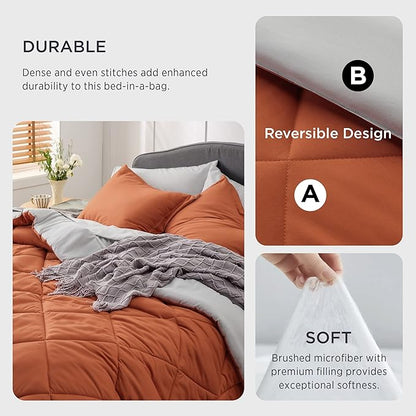 Bedsure Twin XL Comforter Set - 5 Pieces Reversible Burnt Orange Bedding, Twin XL Size Bed Set for All Seasons, Bed in a Bag with Down Alternative Comforter, Sheets, Pillowcase & Sham