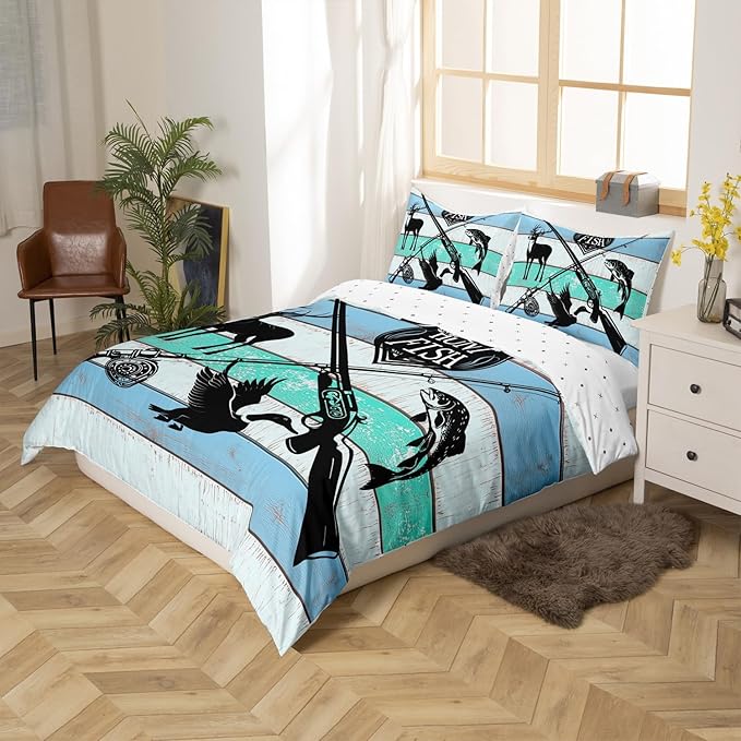 Castle Fairy Hunt Fish Duvet Cover Queen for Children,Farmhouse Wooden Board Bedding Set Modern Room Gift,Deer Bird Fish Animal Hunting Comforter Cover with 2 Pillowcases, Ultra Soft Bed Spread