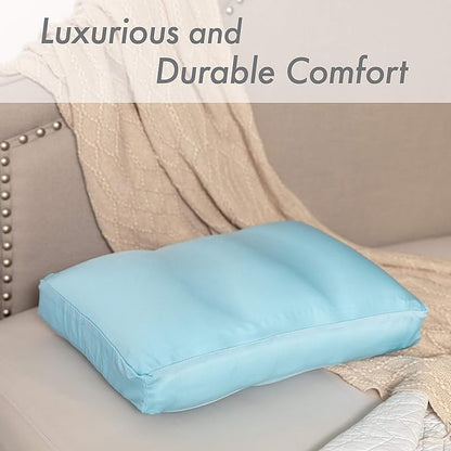 PILLOWY Premium Microbead Bed Pillow, Small Extra Fluffy But Supportive - Ultra Comfortable Sleep with Silk Like Anti Aging Cover 85% Spandex/ 15% Nylon Breathable, Cooling Sweet Baby Blue