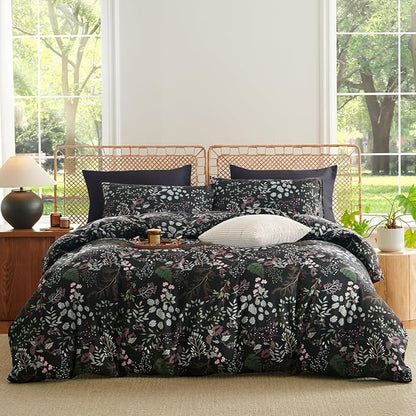Floral Duvet Cover Queen 3 Pieces Elegant Flower Bedding Set Farmhosue Aesthetic Bedding Soft Microfiber Black Duvet Cover Set with 2 Pillowcases