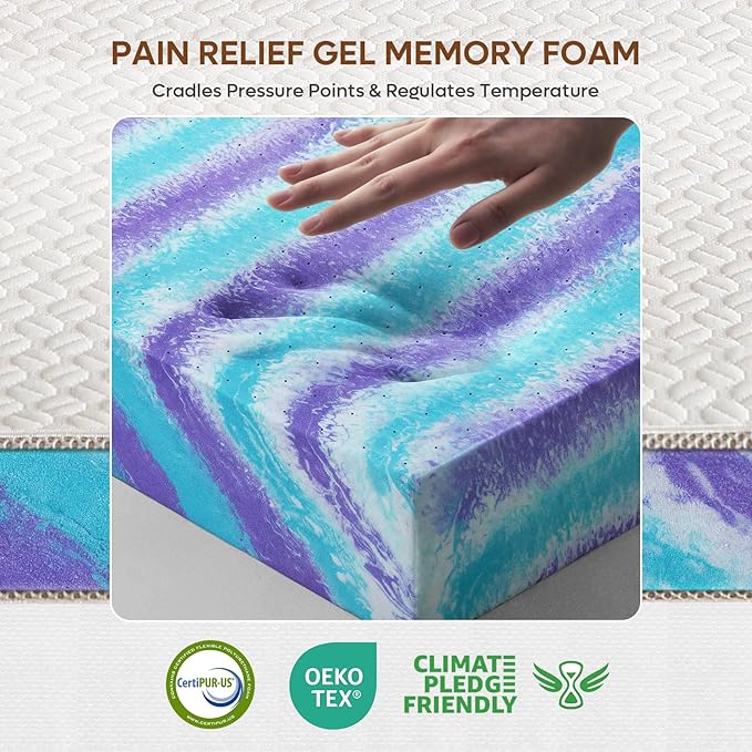 Bestier Gel Memory Foam Mattress Topper - Tencel Ice Silk Mattress Topper - Plush Feel - Mattress Pad with Naturally Cooling and Pressure Relief - Queen Size, 4 Inch
