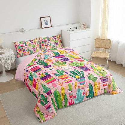 Cartoon Cactus Bedding Set King Size Colorful Bohemia Exotic Comforter Set for Girls Boys Room Decor Cute Hand Drawn Down Comforter Tropical Flowers Quilt Set with 2 Pillowcases