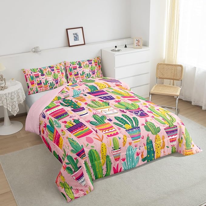 Cartoon Cactus Bedding Set Twin Size Colorful Bohemia Exotic Comforter Set for Girls Boys Room Decor Cute Hand Drawn Down Comforter Tropical Flowers Quilt Set with 1 Pillowcase
