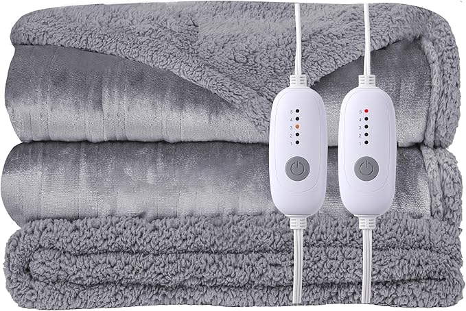 Heated Electric Blanket Queen Size Blanket 84" x 90" with Dual Control, 5 Levels Heating & 10Hs Auto Off, Light Gray