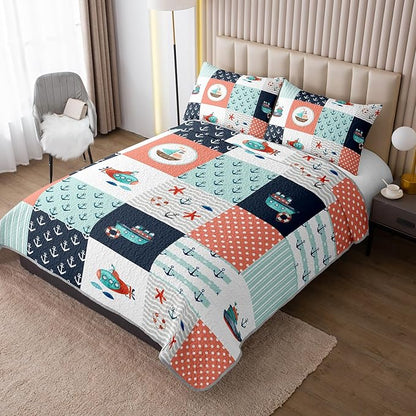 HOSIMA Nautical Quilt Set Twin Size,Plaid Patchwork Pattern Hand Painted Seaplane,Boat and Anchor Quilt for Bedroom Nautical Decor,Sea Adventure Theme Coastal Bedding with 2 Pillowcases.