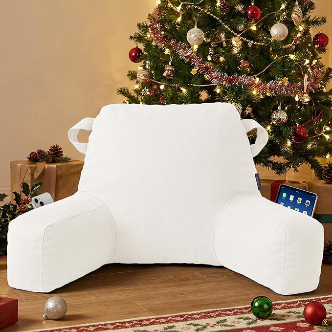 Portable Comfy Reading Pillows for Bed Sitting Up(Beige Oeko-Tex), Velvet Back Pillow with Arms & Pockets for Adults, Support Memory Foam Bed Pillow for Dorm/Reading/Watching/Gaming
