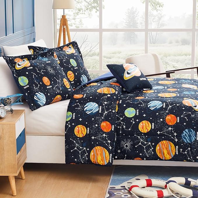 Full Size Comforter Set for Boys-4 Pieces Space Glow in The Dark Full Bedding Sets for Kids, 1 Comforter, 2 Shams and 1 Decor Pillow