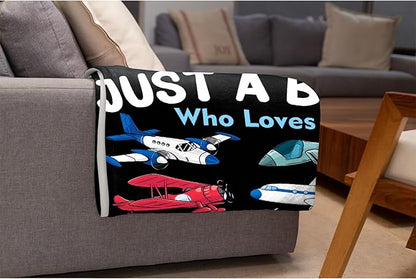 Custom Airplane Blanket for Boys Kids Child Toddler Just A Boy Who Loves Planes Blanket Warm Plush Fleece Planes Throw for Bed Sofa Office Decor Custom Airplane Gifts Ideas 30"x40"-XS