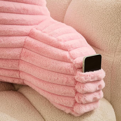 WERDIM Reading Pillow for Sitting in Bed, Faux Fur Back Pillow for Rest, Bed Chair Pillow with Arms and Pockets(XLarge, Pink)