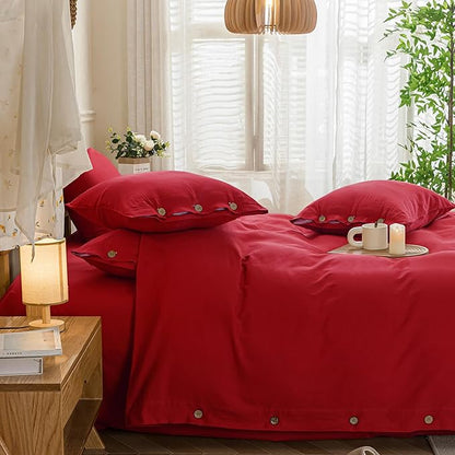 JELLYMONI Cotton Duvet Cover King Size - Crimson Red Comforter Cover with Button 100% Washed Cotton 3PCS Breathable Soft Solid Bedding Set Duvet Cover 104×90in & 2 Pillowcases (NO Comforter)