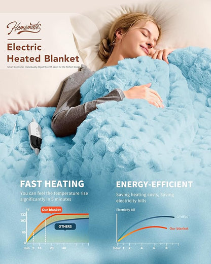 Homemate Heated Blanket Electric Throw - 50"x60" Heating Blanket Throw 1/2/4/6/8 Hours Auto-Off 10 Heat Levels Over-Heat Protection Luxury 800 GSM Faux Fur 200 GSM Sherpa ETL Certification