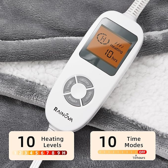 RAINOVA Heated Blanket Electric Throw, Electric Blanket-50''x60'', Soft Flannel Lamb Swool Heating Blanket, 10-Level Heating, 10-Hour Auto-Off, Gifts for Parents and Elders, Gray, ETL & FCC Certified