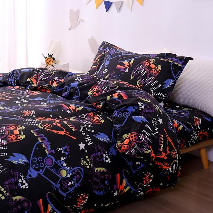JSD Black Gamer Kids Duvet Cover Set Twin Size, 2 Piece Soft Printed Microfiber Comforter Cover with Pillow Sham Zipper Closure, Comforter Not Included
