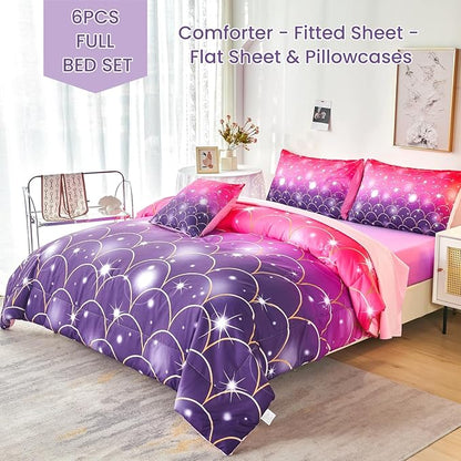 URBONUR Pink Purple Comforter Set Full Size for Girls 6 Piece Bed-in-a-Bag Glitter Mermaid Kids Bedding with Sheets