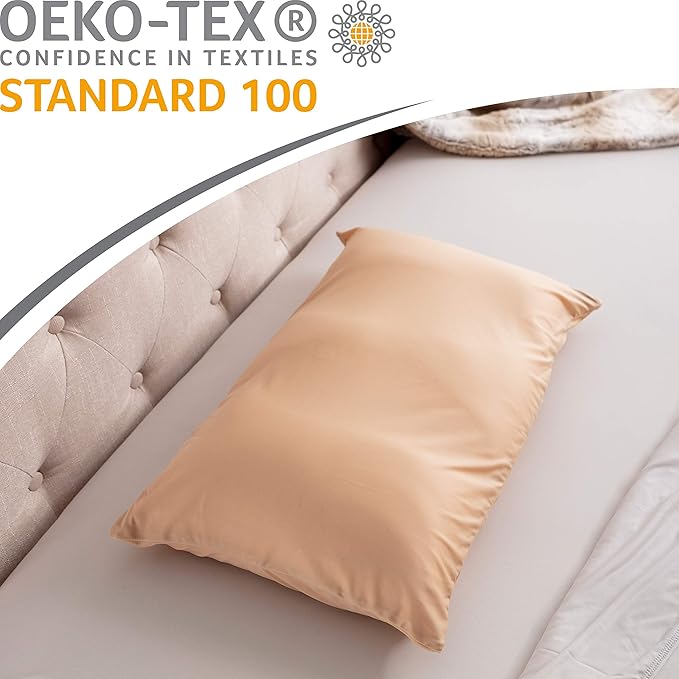 PILLOWY Premium Microbead Bed Pillow, Small Extra Fluffy But Supportive - Ultra Comfortable Sleep with Silk Like Anti Aging Cover 85% Spandex/ 15% Nylon Breathable, Cooling Barely Beige