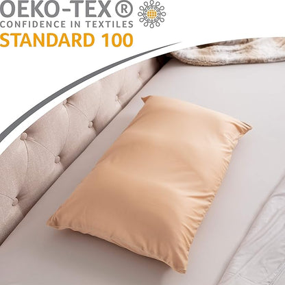 PILLOWY Premium Microbead Bed Pillow, Small Extra Fluffy But Supportive - Ultra Comfortable Sleep with Silk Like Anti Aging Cover 85% Spandex/ 15% Nylon Breathable, Cooling Barely Beige