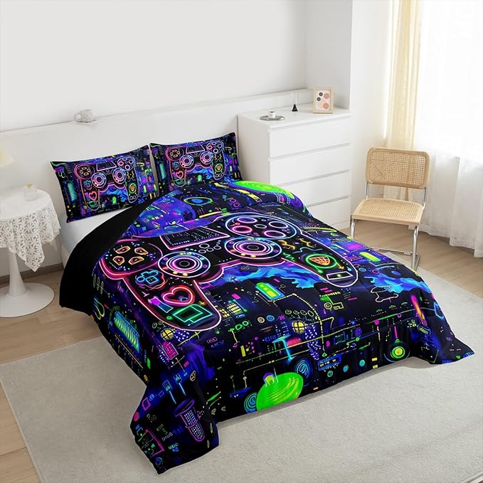 Feelyou Gamer Comforter Set Queen Size Modern Game Console Controller Comforter for Boys Girls Teens Joystick Bedding Set Gaming Duvet Set Room Decor Dazzling Quilt Set