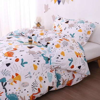 JSD Dinosaur Kids Duvet Cover Set Queen Size, 3 Piece Soft Printed Microfiber Bedding Comforter Cover with Pillow Sham Zipper Closure, Comforter Not Included