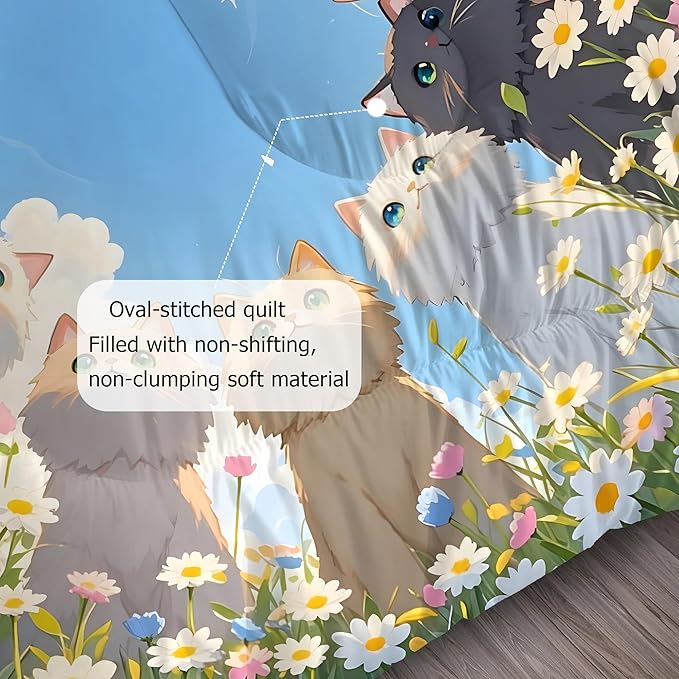 Cat Comforter Set Twin: Cute Floral Cats Bedding Set Blue Sky Daisy Kitten Quilt for Girls Kids Teens Toddler Kawaii Flowers Feline Bed Sets 1 Comforter & 1 Pillowcase