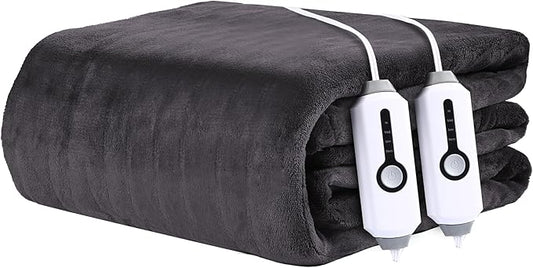 Electric Heated Blanket 84"x90" Queen Size - 4 Heat Settings & Dual Controllers, 10H Auto Shut Off, Ultra-Soft Coral Fleece Heated Blanket with Overheat Protection, Dark Gray