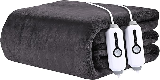 Electric Heated Blanket 90"x100" King Size - 4 Heat Settings & Dual Controllers, 10H Auto Shut Off, Ultra-Soft Coral Fleece Heated Blanket with Overheat Protection, Dark Grey