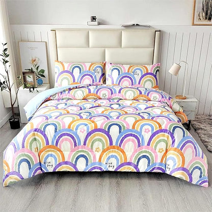 SDIII 3PCS Rainbow Comforter Queen with 2 Pillowcases, Soft Microfiber Lightweight Queen Comforter Set, Rainbow Bedding Set for Girls Boys Kids Teens