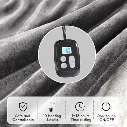 Heated Electric Blanket King Size 90''x100'', Dual Controller Soft Flannel with 10 Heat Settings 1-12 Hour Auto Off Large Blanket for Bed - Light Grey