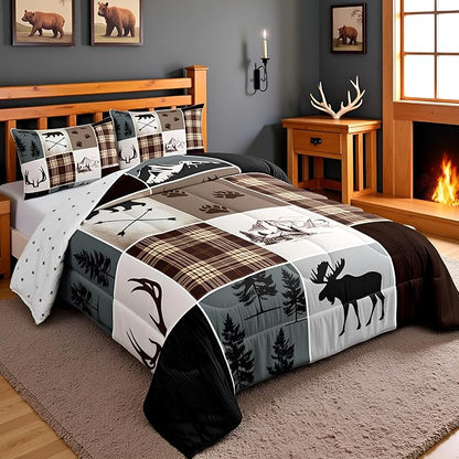 Hunting Camper Comforter Set Full Size Bear Elk Arrow Wild Animals Bedding Set Kids Boys Teens Women Rustic Farmhouse Cabin Home Decor 3pcs,Retro Geometric Stripes Plaid Duvet Insert,Brown Grey