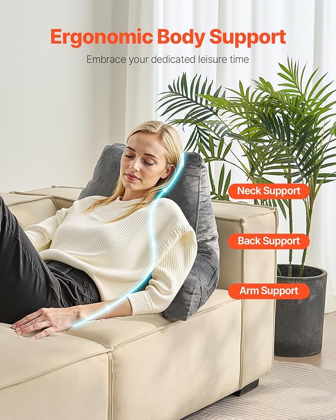 VEVOR Reading Pillow, Large Size Back Pillow for Bed Sitting Up with 3 Pockets, Sitting Pillow for Bed with Shredded Memory Foam, Bed Chair Pillow for Watching TV, Reading, Gaming, Resting, Grey