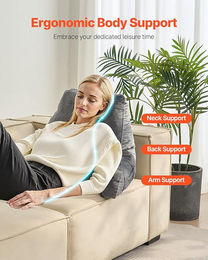 VEVOR Reading Pillow, Large Size Back Pillow for Bed Sitting Up with 3 Pockets, Sitting Pillow for Bed with Shredded Memory Foam, Bed Chair Pillow for Watching TV, Reading, Gaming, Resting, Grey