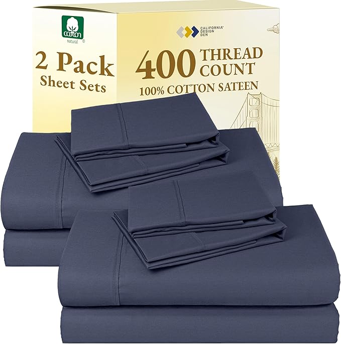 California Design Den 2-Pack Sheets Full Size Bed - 400 Thread Count 100% Cotton Sateen - Soft and Breathable Sheets, 2 Sets of Deep Pocket Bed Sheets - Indigo Dusty Blue