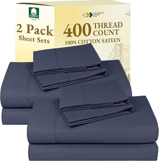 California Design Den 2-Pack Sheets Full Size Bed - 400 Thread Count 100% Cotton Sateen - Soft and Breathable Sheets, 2 Sets of Deep Pocket Bed Sheets - Indigo Dusty Blue