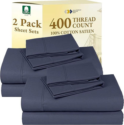 California Design Den 2-Pack King Size Sheet Sets - 400 Thread Count 100% Cotton Sateen - Soft and Breathable Sheets, 2 Sets of Deep Pocket Bed Sheets - Indigo Dusty Blue
