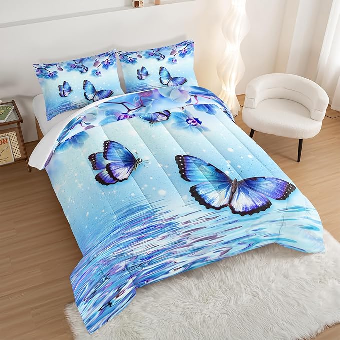 Fantasy Blue Themed Aesthetic Bedding King Comforter Set,Butterflies on Water with Falling Flowers Comforter Sets for Kids Girls Boys,Pretty Butterfly Pattern Bedding Sets with 2 Pillowcases.