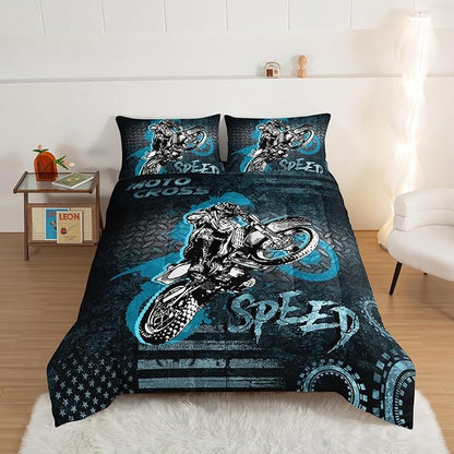 HOSIMA Dirt Bike Comforter Motocross Rider Bedding Set for Race Car Bed,American Flag Motorbike Comforter for Queen Size Bed Extreme Sport Bedding Set for Boys Teens Mens Bedroom Essentials.