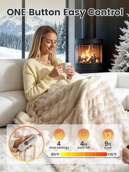 WOOMER Heated Blanket Throw 50" x 60", Electric Blanket Throw with 4 Heating Levels & 4H Auto Off, ETL Certified, White Double-Sided Velvet, Over-Heat Protect, Machine Washable