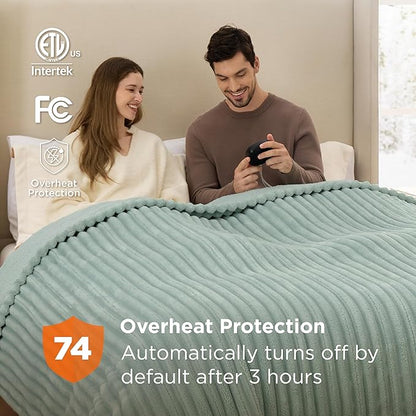 Bedsure Electric Blanket Queen Size - Thick Striped Flannel Electric Blanket with Dual Control, Heating with 10 Heat Settings & 10 Time Settings, 8 hrs Timer Auto Shut Off (84x90 inches, Green)