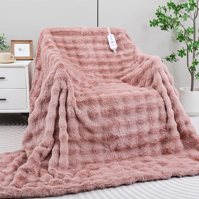Heated Blanket Electric Queen- 84"x90" Soft Thick Bubble Electric Blanket for Sofa with 5 Heat Levels & 10 Hours Auto-Off Overheat Protection, Warm Cozy Gifts, Pink