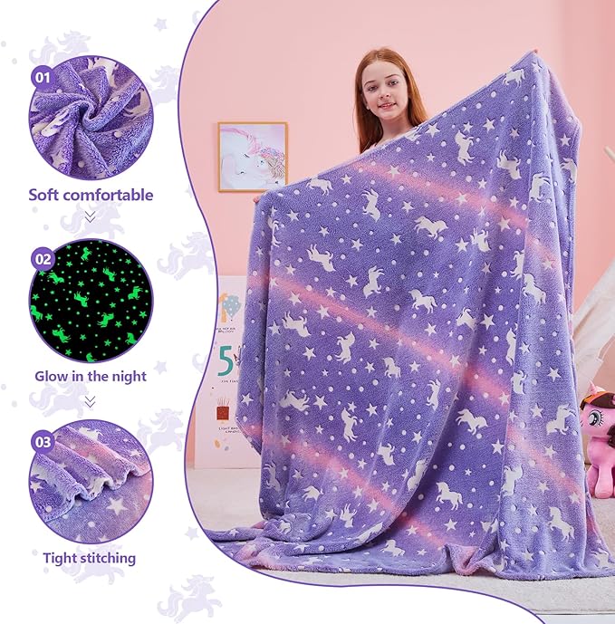 QSTEHEML Unicorns Glow in The Dark Blanket for Girls,Unicorn Gifts for Girls Age 3 4 5 6 7 8 9 10 11 12 Year Old, Soft Unicorns Purple Blanket - Christmas Birthday Bedroom Decor 50"×60"